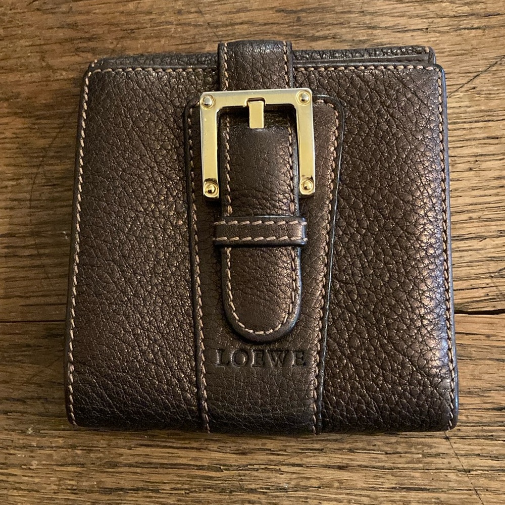 Loewe Metallic Copper Brown Leather Compact Wallet with Buckle Rare Like New!